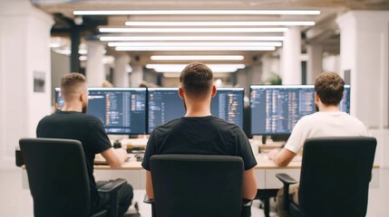 Aufkleber - Group of three software developers working on multiple monitors in modern office environment.