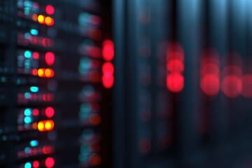 Poster - Close-up view of colorful server racks with blinking LED lights in data center.