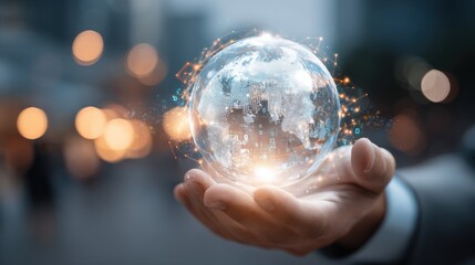 Poster - Futuristic concept of glowing globe planet earth floating above hand with city lights background.