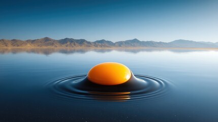 Aufkleber - Vibrant yellow egg floating on calm reflective lake with distant mountain range.
