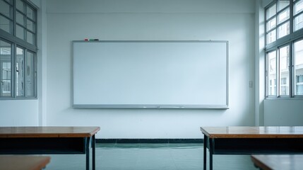Poster - Modern classroom with large windows and a whiteboard on clean wall.