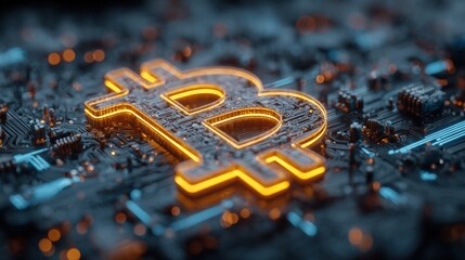Poster - Illuminated Bitcoin symbol glowing on electronic circuit board representing digital currency technology.