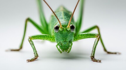 Poster - Close-up of a Green Grasshopper Facing Forward with Detailed Texture and Clear Eyes.