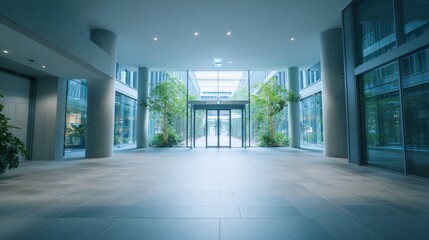 Poster - Modern spacious office lobby with glass walls and natural light streaming in.