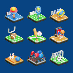 Poster - 3d icons representing various sports and sporting equipment on blue background