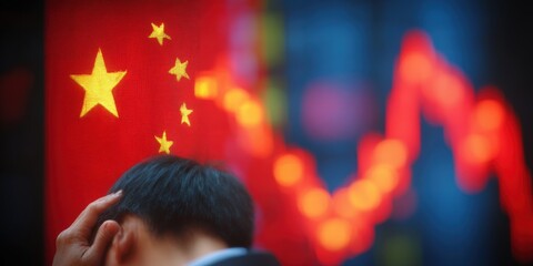 Poster - Close Up of a Financial Stock Market Chart Display with Bright Red and Yellow Lines.