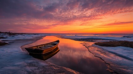 Poster - Scenic sunset over icy shoreline with boat reflected in calm water during winter evening.