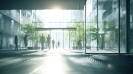 Poster - Modern glass building interior with sunlit entrance and blurred people walking.