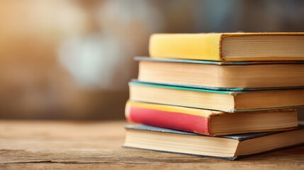 Poster - Stack of colorful hardcover books on wooden surface with blurred background scene.