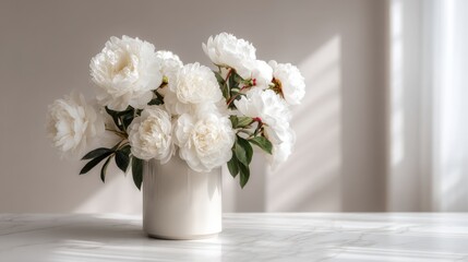 Poster - Elegant white peony flowers in a sleek white vase on a bright windowsill with natural light.