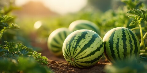 Aufkleber - Lush Watermelon Fruits Growing in a Sunny Field on a Bright Summer Day.