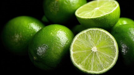 Poster - Fresh Juicy Green Limes with Cut Open Lime Slices and Whole Limes on Black Background.