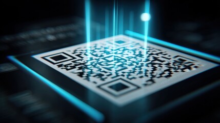 Poster - Close-up of a glowing digital QR code on a smartphone screen with futuristic light effects.