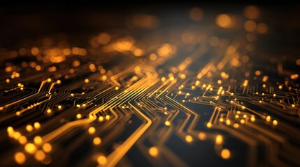Poster - Close-up of a futuristic glowing electronic circuit board with vibrant golden lights.
