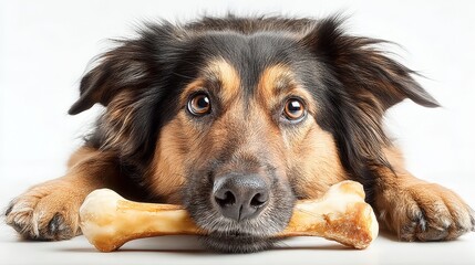 Poster - Adorable dog with brown and black fur resting its head on a large bone on a white background.