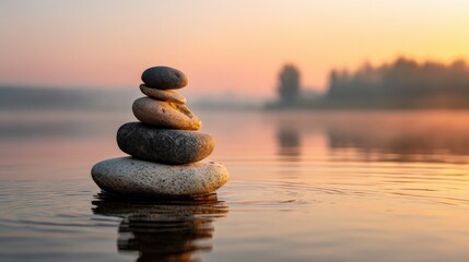 Poster - Calm sunset scene with balanced stones stacked in water at dusk with silhouettes.