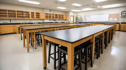 Poster - Spacious empty science classroom with large black tables and lab equipment.