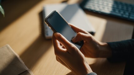 Poster - Close-up of a person using a smartphone with a blurred office desk background and keyboard.