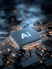 Leinwandbilder - Close-up view of a computer chip with artificial intelligence symbol on circuit board.