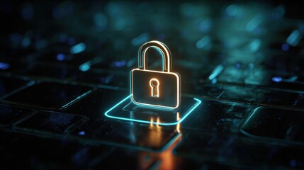 Poster - Illuminated digital padlock icon on a reflective wet dark surface symbolizing security protection.