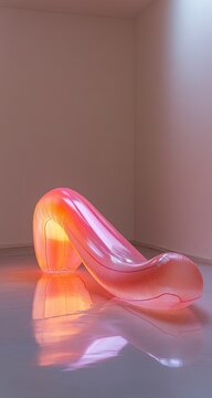 Pink, smooth, sculpted object resembling a  glowing,  inflatable slide in a minimalist setting