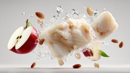 Poster - Fresh apple and nut pieces splashing into water with dynamic motion and freshness.