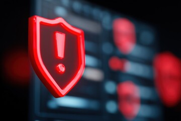 Poster - Close-up of a bright red neon warning shield with exclamation mark on digital screen.