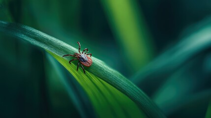 Poster - Close-up of a detailed tick insect on green natural grass blade in outdoor setting.