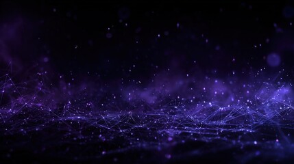 Poster - Abstract digital purple particles scatter with glowing network of lines and points.
