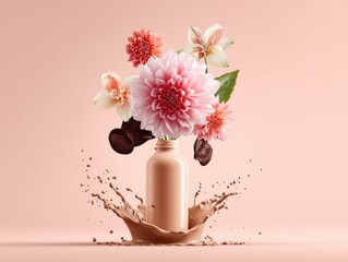 Poster - Elegant floral bouquet with pink dahlias lilies and dark leaves in beige vase on pastel background.