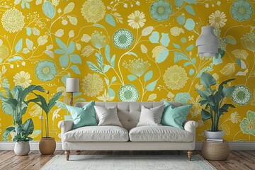 Poster - Bright Yellow Wallpaper Background Featuring Mint Line Patterns