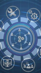 Poster - Animation of scope scanning, digital icons and data processing with world map in background
