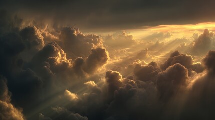Aufkleber - Dramatic sunset sky with golden sunlight breaking through dark storm clouds and rays of light illuminating the clouds during sunset.