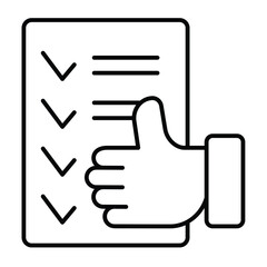 Fototapete - Checklist paper and thumb up hand thin line icon, design recruitment concept. Vector graphics. Summary of quiz test, success sign on white background, style mobile or design.