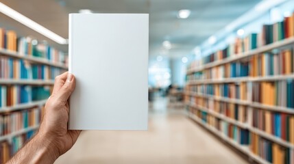 Poster - Hand Holding Blank Book Cover in Library with Bookshelves and Reading Area.