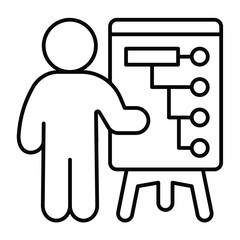 Poster - Man at whiteboard infographics thin line icon, design recruitment concept. Vector graphics. Human with presentation stand sign on white background, style mobile or design.