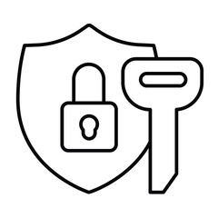 Fototapete - Key and safety emblem with lock thin line icon, design recruitment concept. Vector graphics. Large key with defense shield sign on white background, style mobile or design.