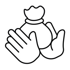 Poster - Bounty bag in hands thin line icon, design recruitment concept. Vector graphics. Hands with salary sack, money reward sign on white background, style mobile or design.