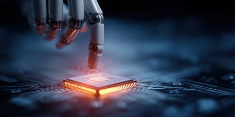 Poster - Futuristic robotic hand interacting with glowing microchip in high-tech digital environment.