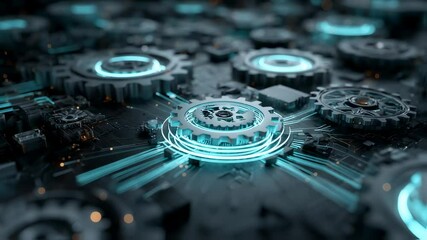 Poster - illuminating gears and interconnected digital network, showcasing the complexity of artificial intelligence and machine learning systems