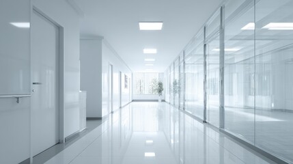  Bright modern hospital corridor with glass walls and natural light streaming in.