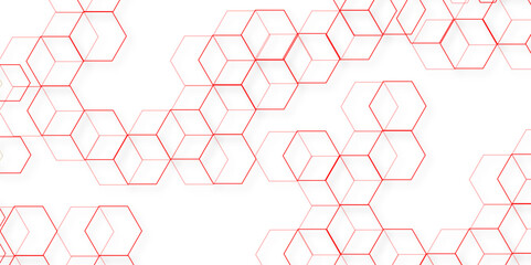 Wall Mural - Abstract white background with red hexagons seamless pattern and geometric in vector design. Futuristic blue neon honeycombs. .Science network pattern, connecting lines and dots Medical background,