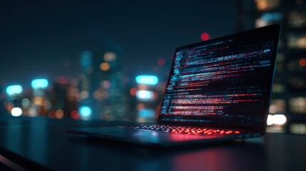 Poster - Innovative dark themed computer code programming at night with city skyline background.