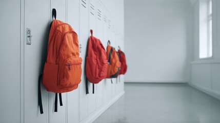 Aufkleber - Simple school hallway with lockers and colorful backpacks hanging on hooks.