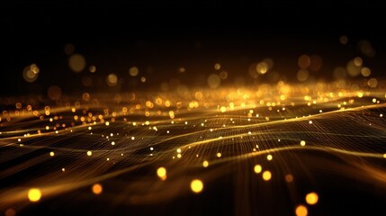 Fototapete - Abstract golden light waves and glowing particles creating dynamic futuristic background.
