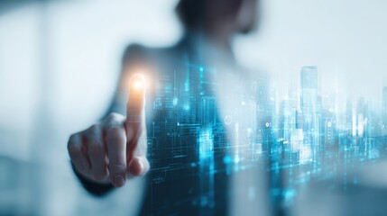 Poster - Innovative futuristic woman touching digital city chart technology interface concept.