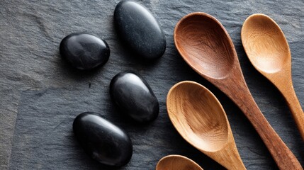 Poster - Close-up of smooth black spa stones and wooden spoons on dark textured background.