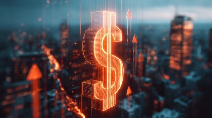 Poster - Digital glowing dollar sign hologram over cityscape with financial icons and neon effects.