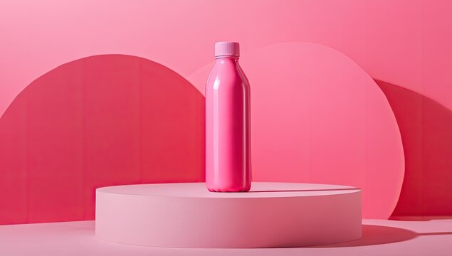 Pink water bottle on a pink pedestal