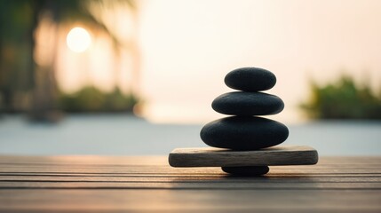 Poster - Serenity stones stacked on wooden surface with blurred outdoor background at sunset.